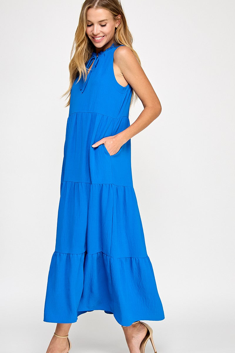 Solid Ruffled Neckline Cobalt Maxi Dress