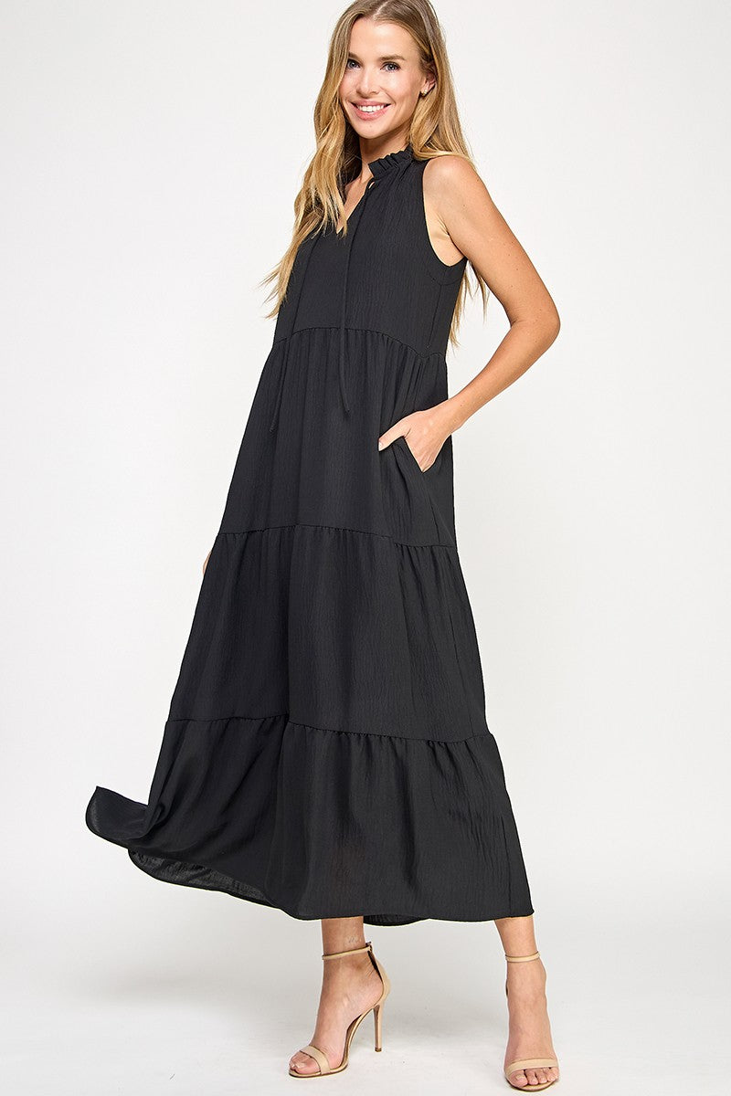 Solid Ruffled Neckline Black Maxi Dress