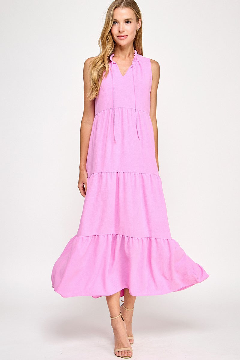 Solid Ruffled Neckline Pink Maxi Dress