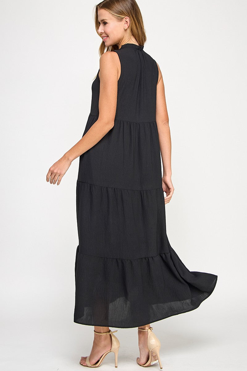 Solid Ruffled Neckline Black Maxi Dress