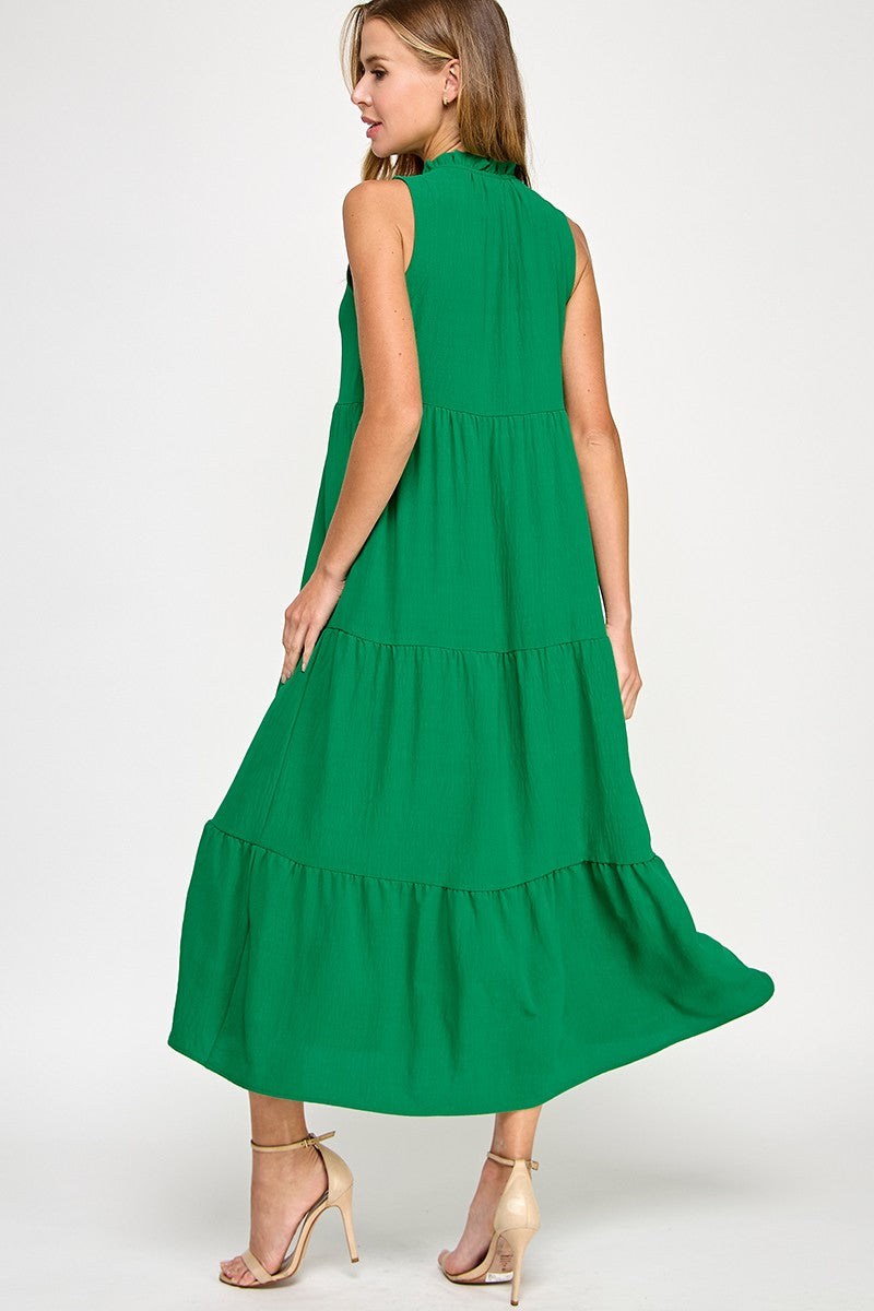 Solid Ruffled Neckline Kelly Green Maxi Dress (
