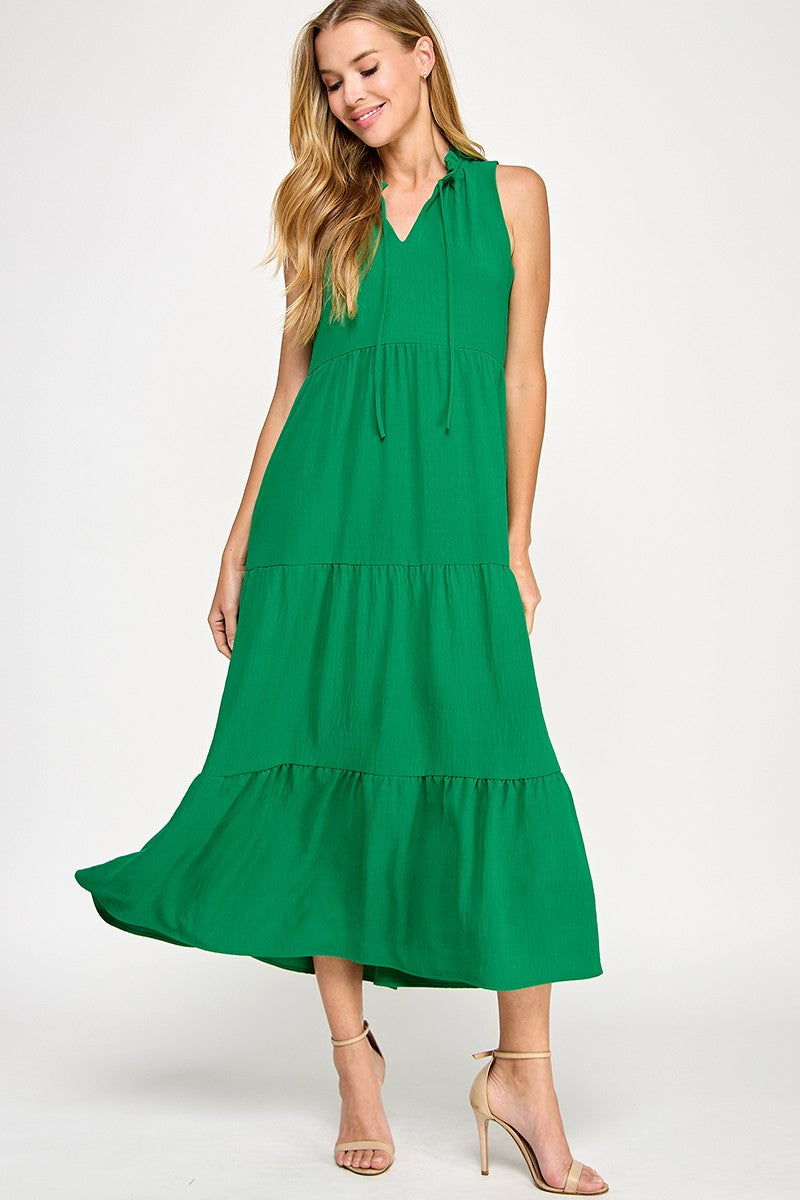 Solid Ruffled Neckline Kelly Green Maxi Dress (