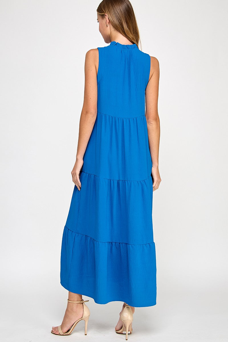 Solid Ruffled Neckline Cobalt Maxi Dress
