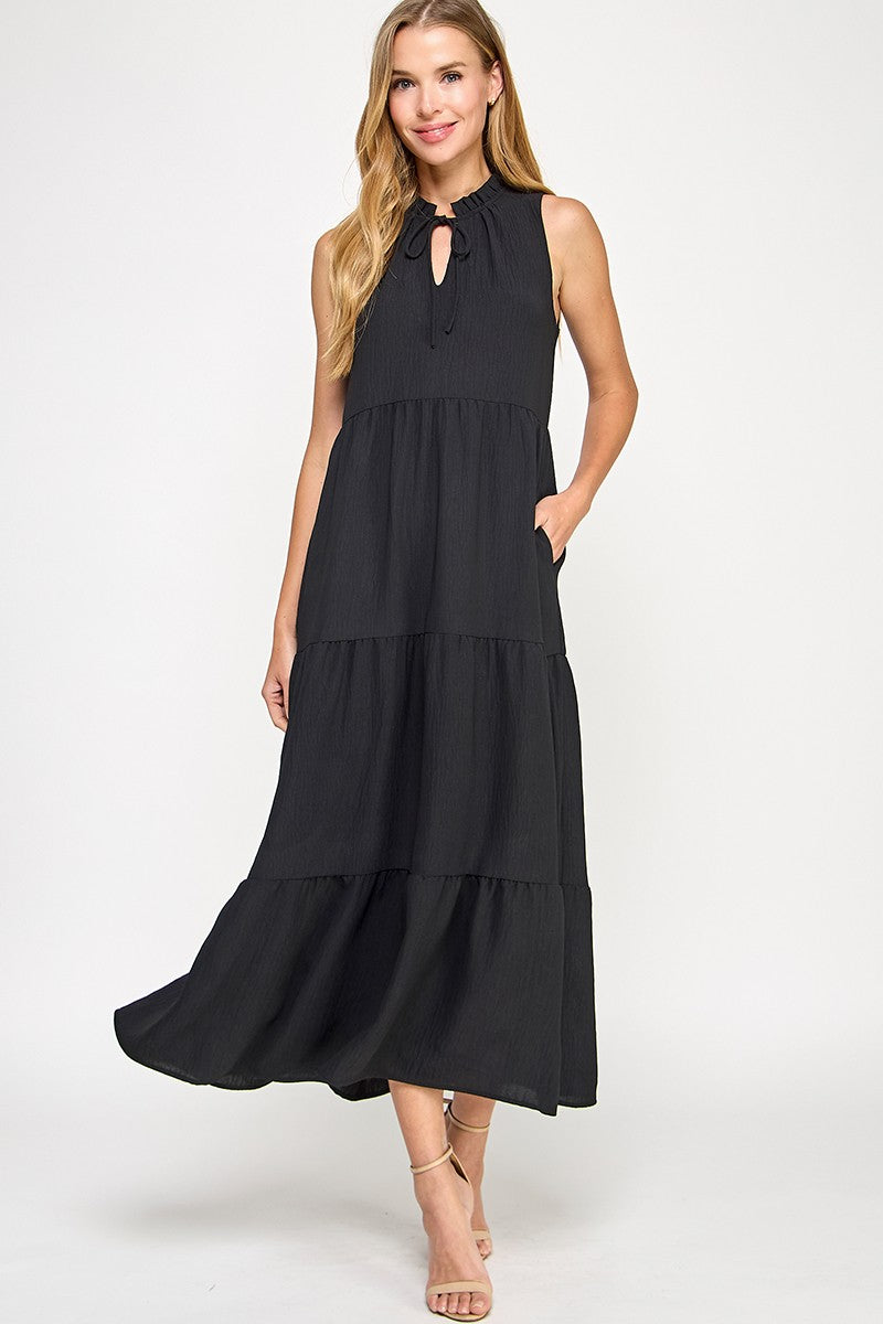 Solid Ruffled Neckline Black Maxi Dress