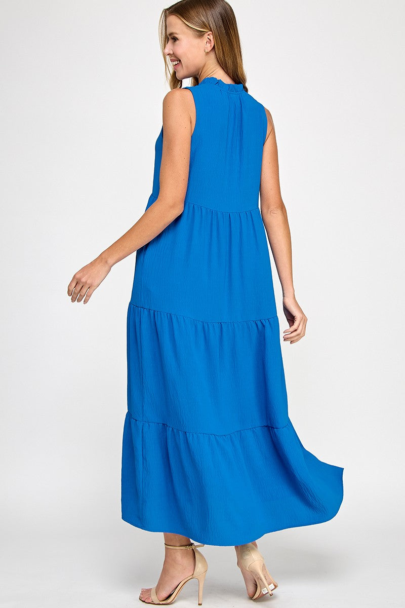 Solid Ruffled Neckline Cobalt Maxi Dress