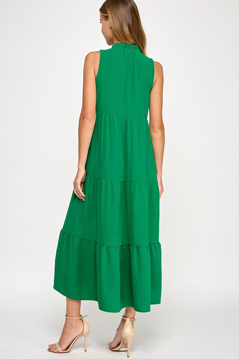 Solid Ruffled Neckline Kelly Green Maxi Dress (