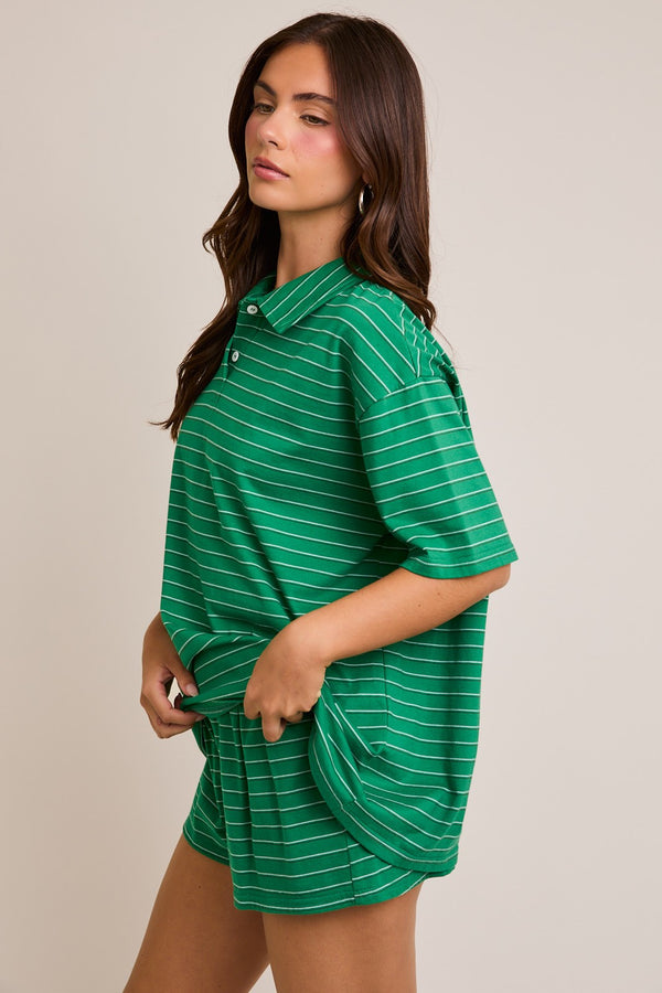 Le Lis Green Collared Striped Oversized Tee