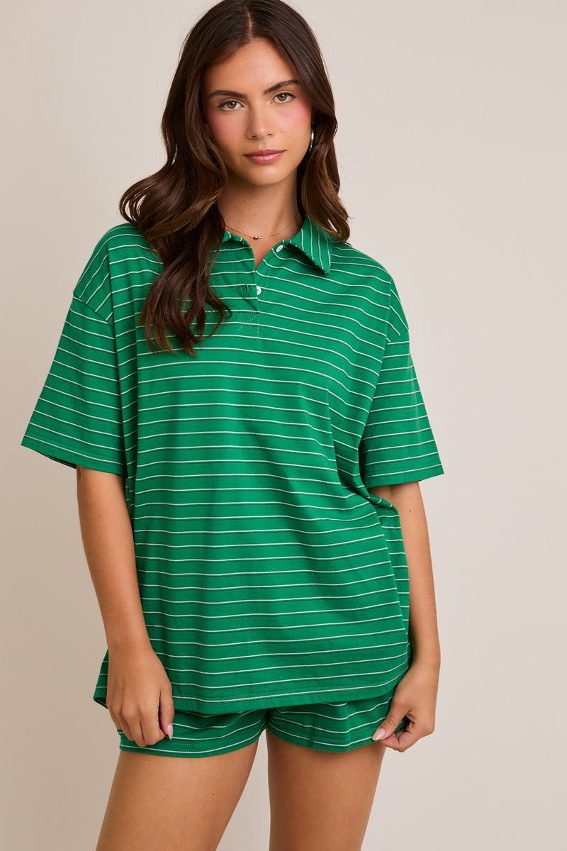 Le Lis Green Collared Striped Oversized Tee