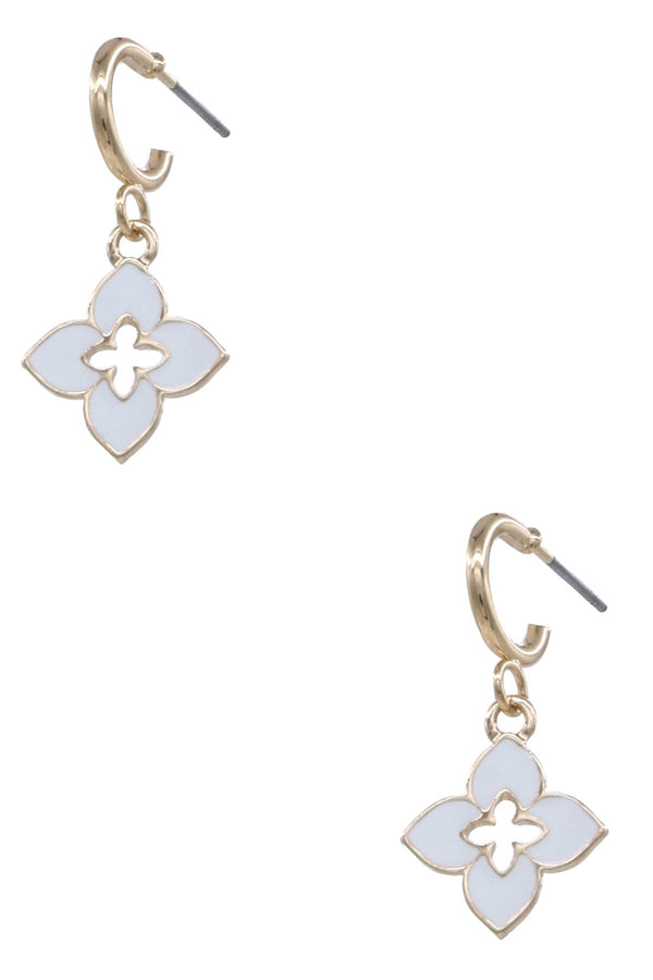 Metal Epoxy White Quatrefoil Hoop Earrings