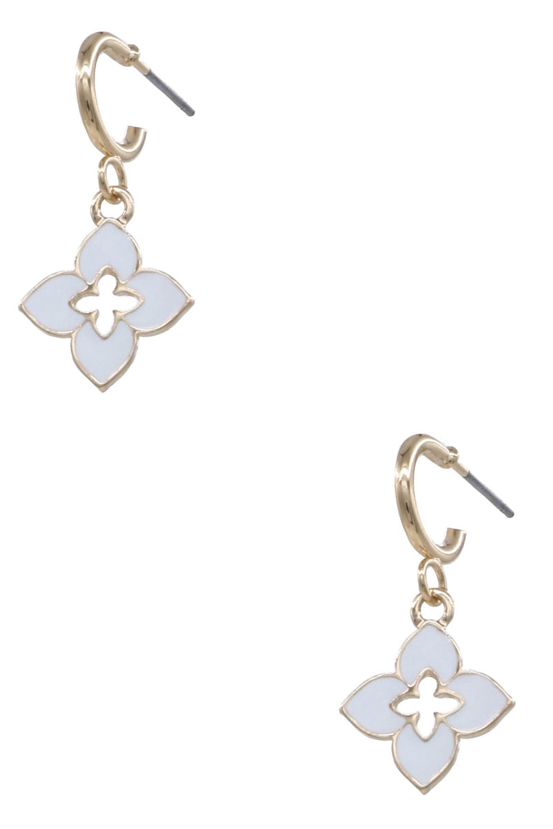Metal Epoxy White Quatrefoil Hoop Earrings