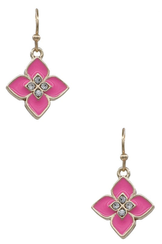 Metal Epoxy Pink Quatrefoil Dangle Earrings