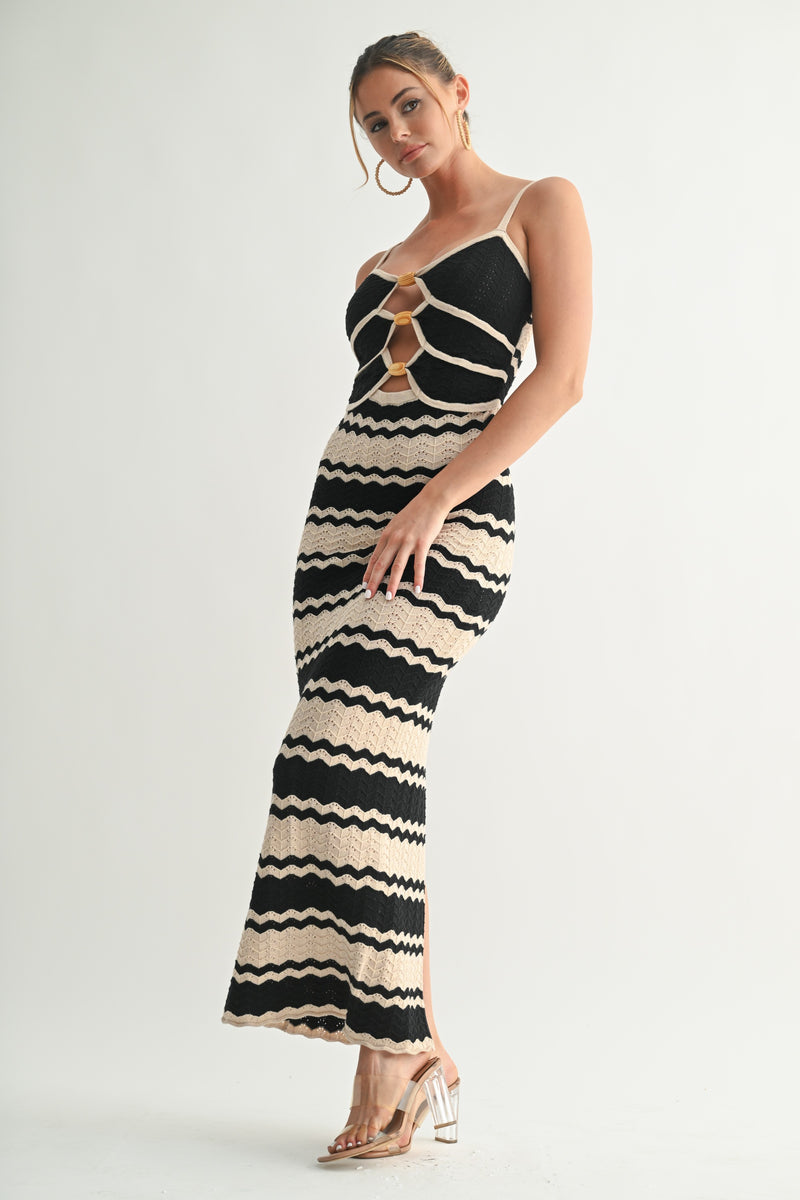Zigzag Knit Ring-Front Midi Dress