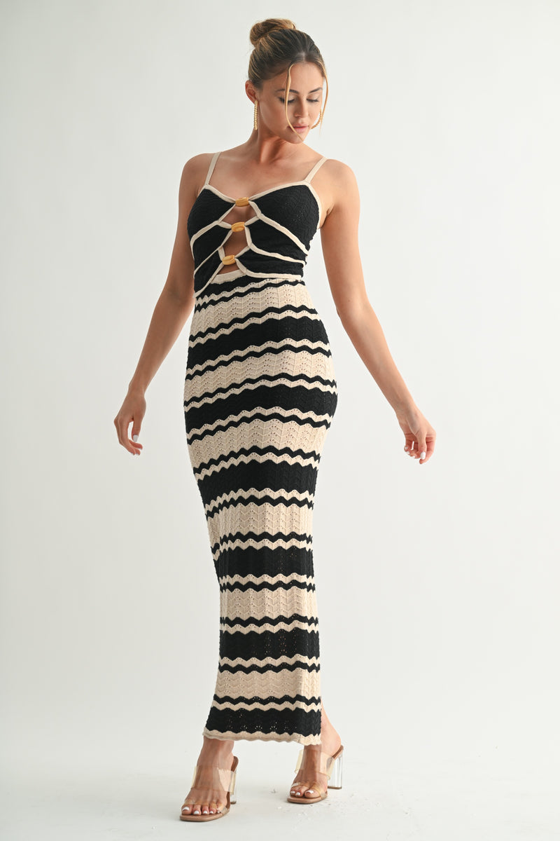 Zigzag Knit Ring-Front Midi Dress