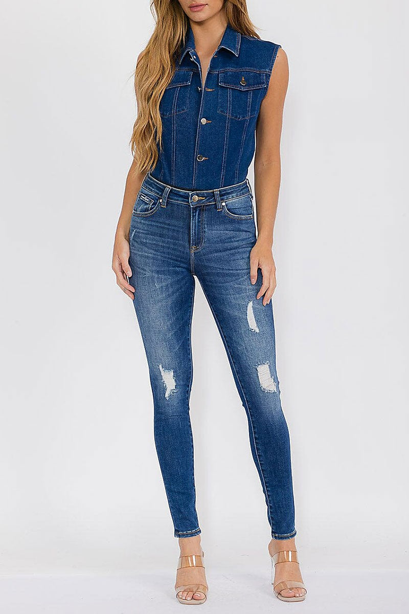 SLEEVELESS BUTTON UP FRONT POCKETS DENIM BODYSUIT