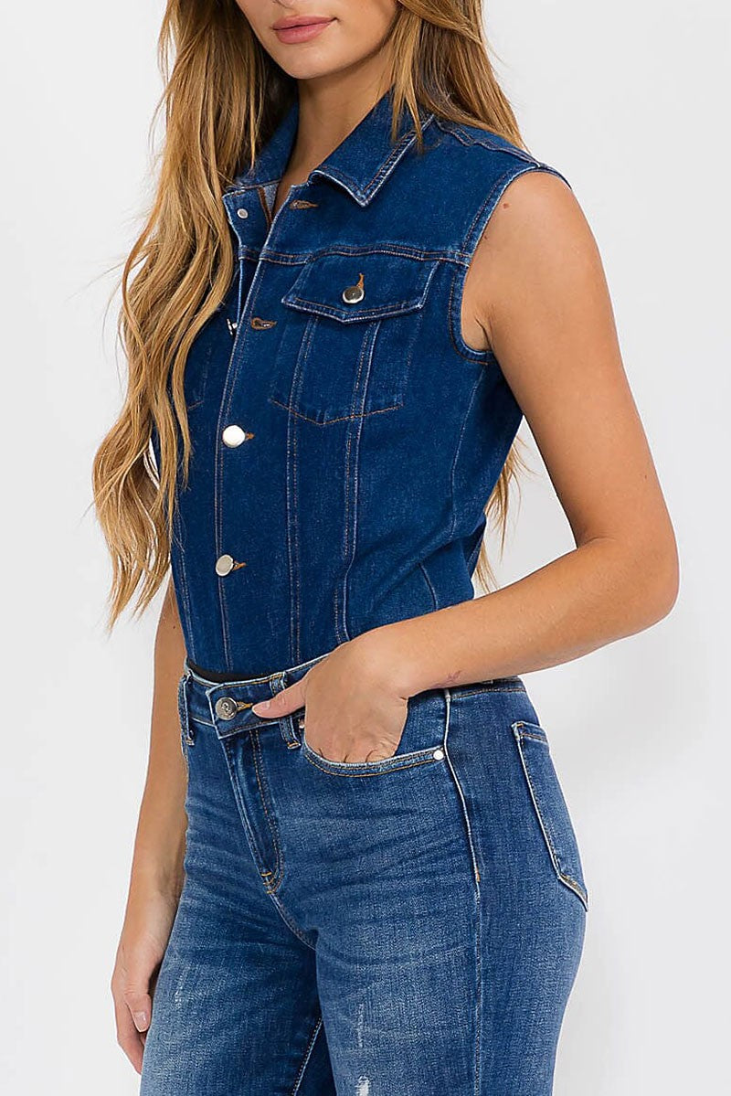 SLEEVELESS BUTTON UP FRONT POCKETS DENIM BODYSUIT