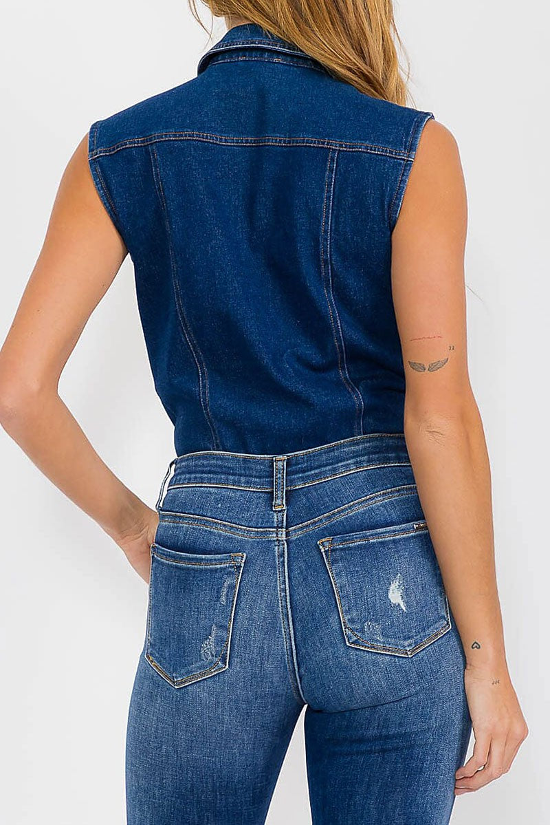 SLEEVELESS BUTTON UP FRONT POCKETS DENIM BODYSUIT