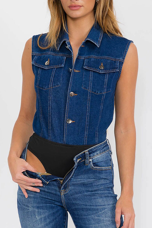 SLEEVELESS BUTTON UP FRONT POCKETS DENIM BODYSUIT