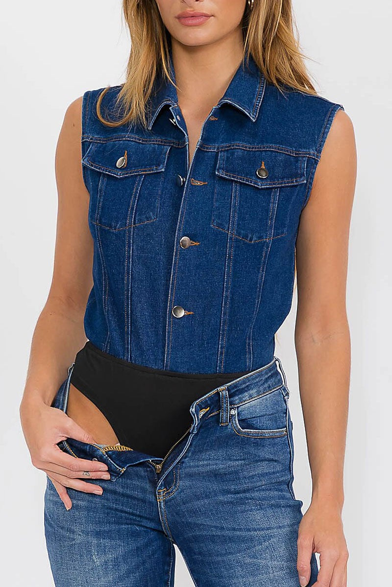 SLEEVELESS BUTTON UP FRONT POCKETS DENIM BODYSUIT