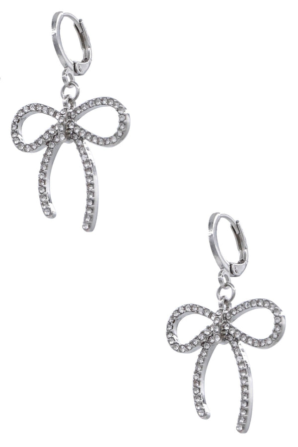 Metal Huggie Silver Rhinestone Bow Tie Dangle Earrings