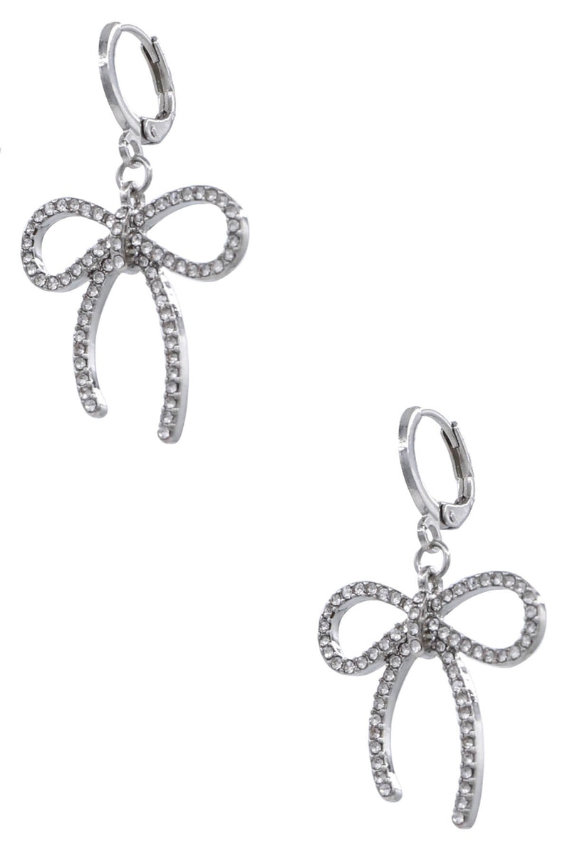 Metal Huggie Silver Rhinestone Bow Tie Dangle Earrings