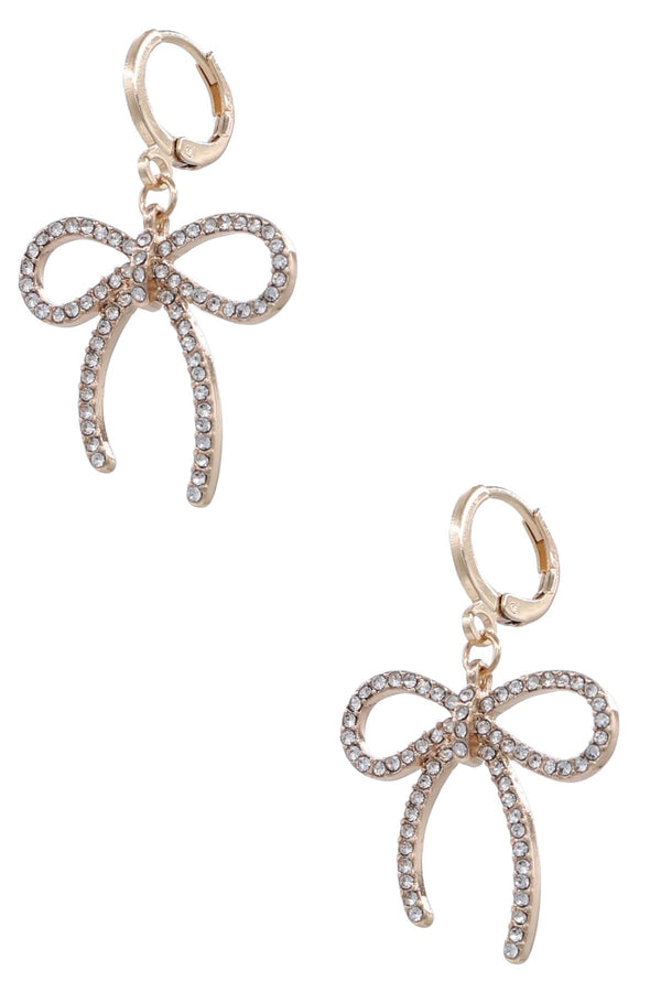 Metal Huggie Gold Rhinestone Bow Tie Dangle Earrings