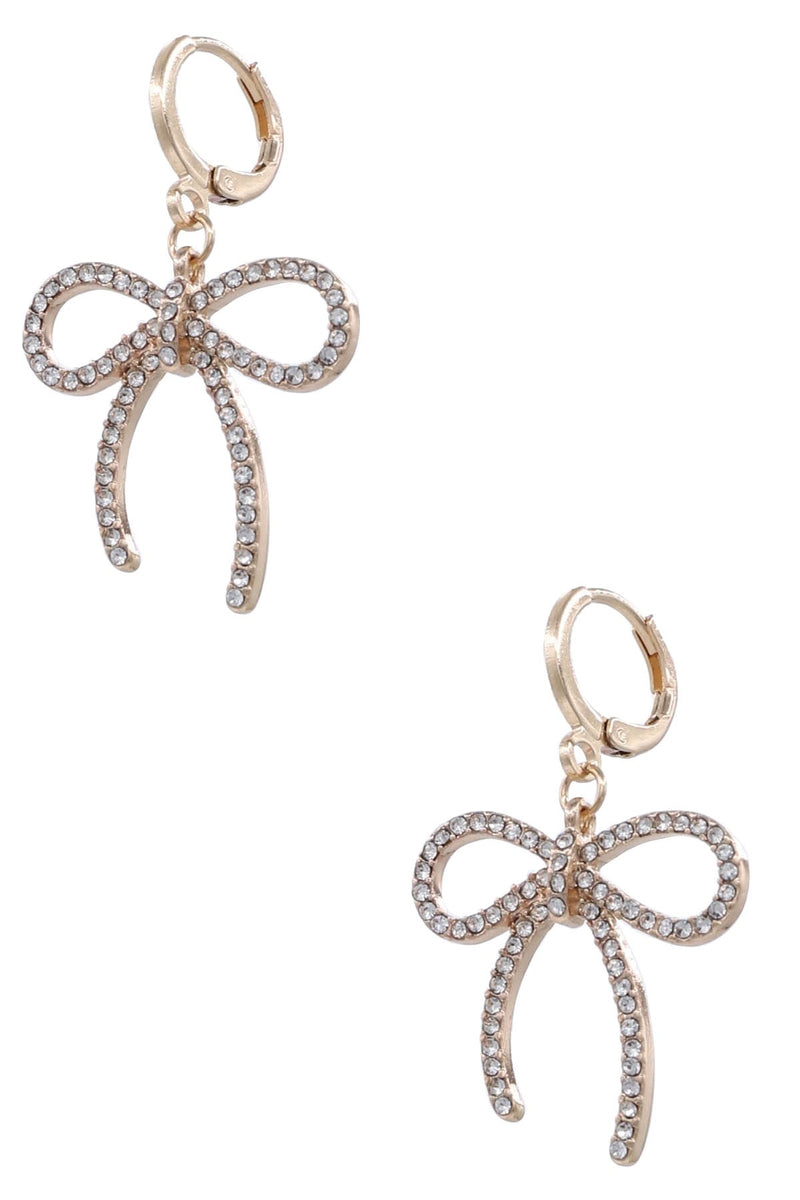 Metal Huggie Gold Rhinestone Bow Tie Dangle Earrings