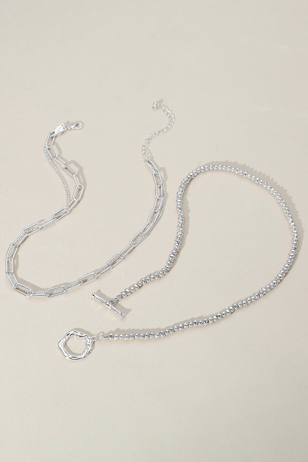 Metal Silver Chain Toggle Closure Necklaces 2PCS