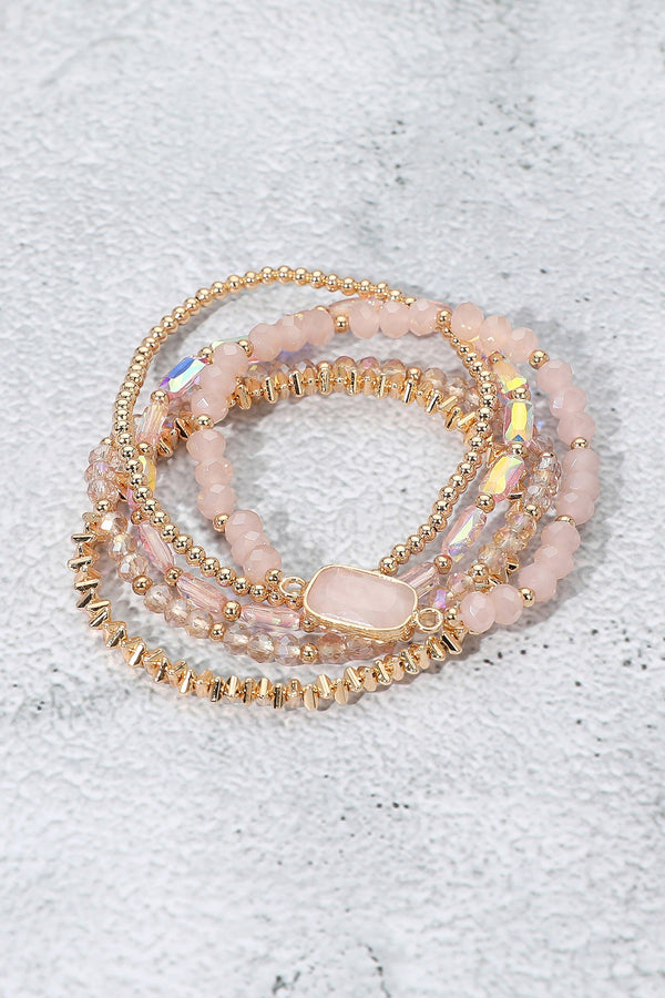Set of Five Baby Pink Stone Charm Metal Ball Multi Bracelets