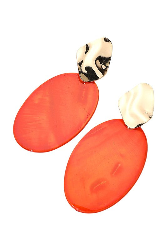 Mother Of Pearl Orange Oval Plate Dangle Earrings