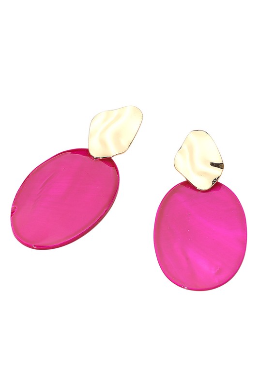 Mother Of Pearl Fuchsia Oval Plate Dangle Earrings