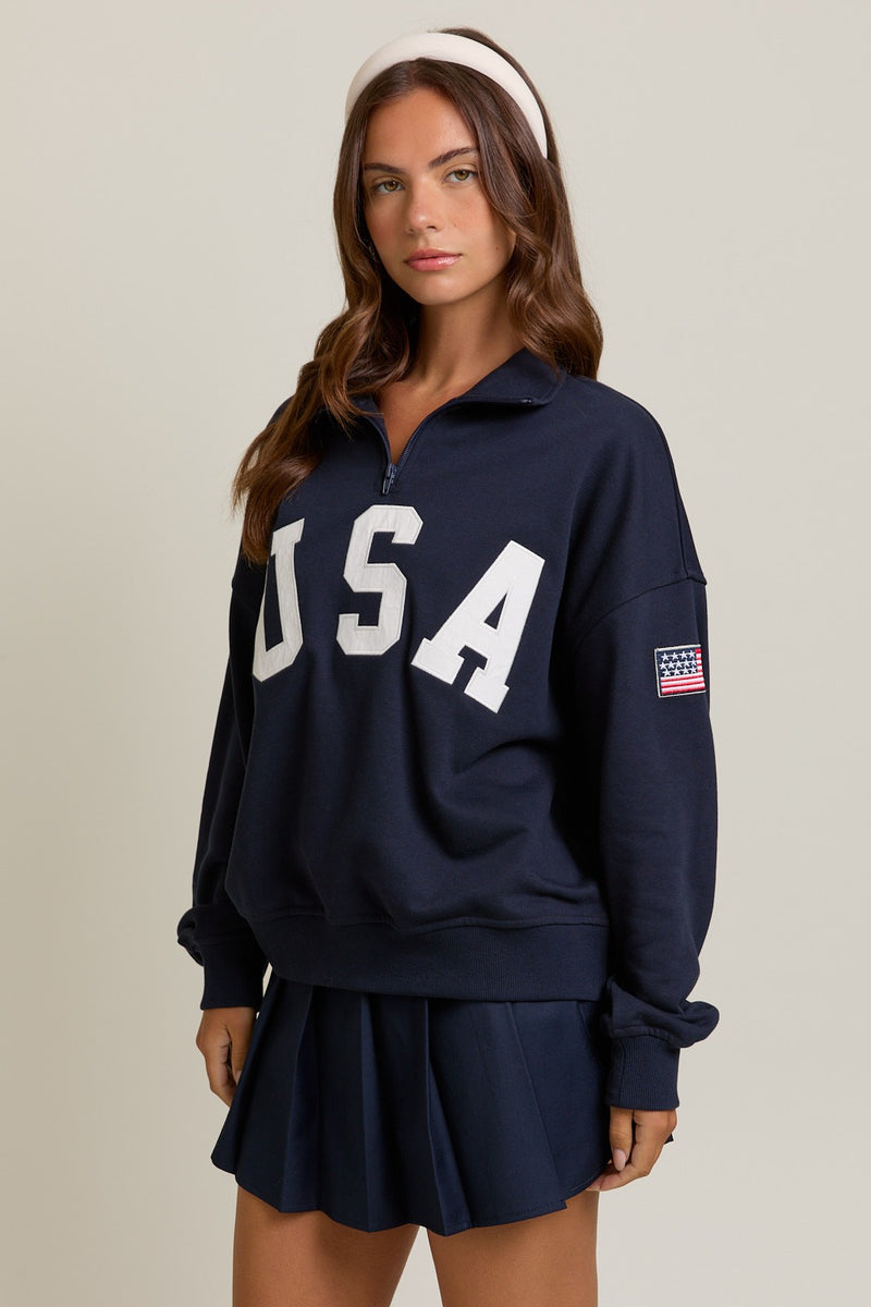 USA Navy Contrast Half Zip Oversized Sweatshirt