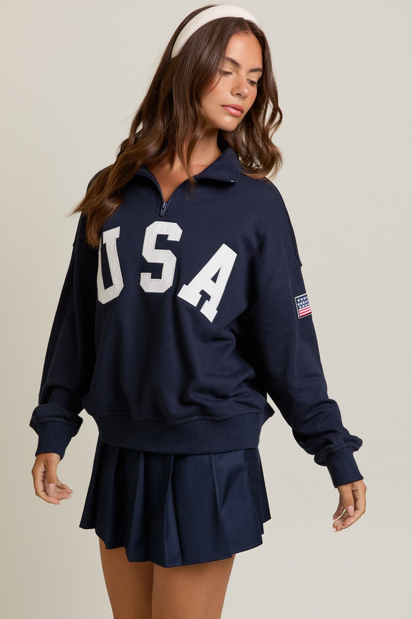 USA Navy Contrast Half Zip Oversized Sweatshirt