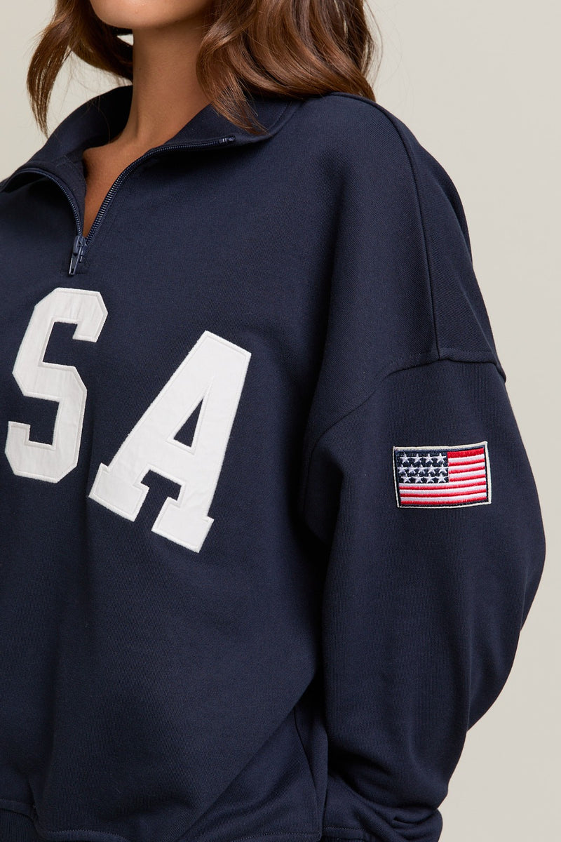 USA Navy Contrast Half Zip Oversized Sweatshirt