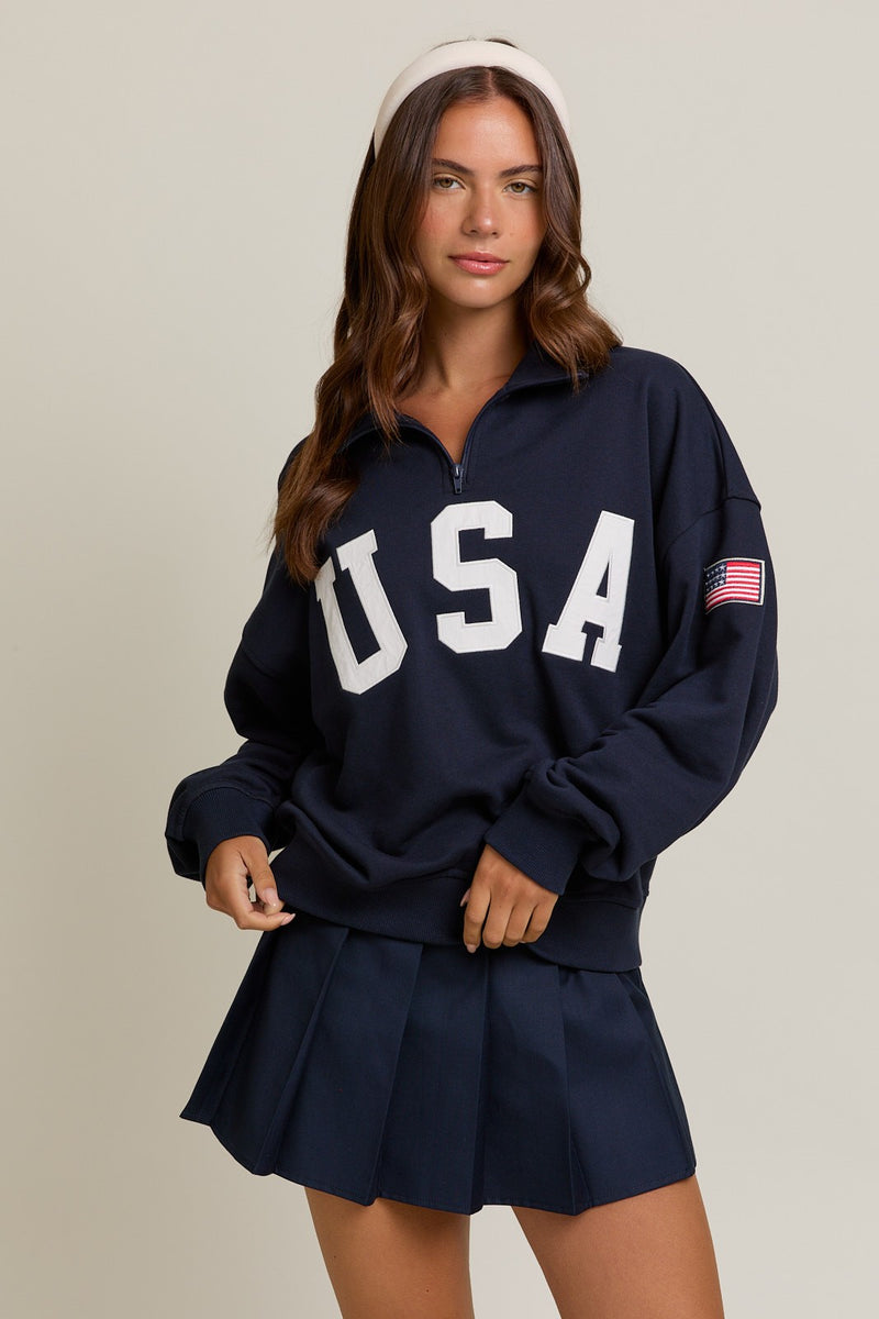 USA Navy Contrast Half Zip Oversized Sweatshirt
