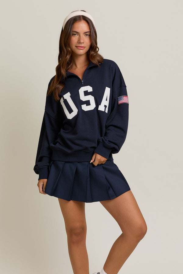 USA Navy Contrast Half Zip Oversized Sweatshirt