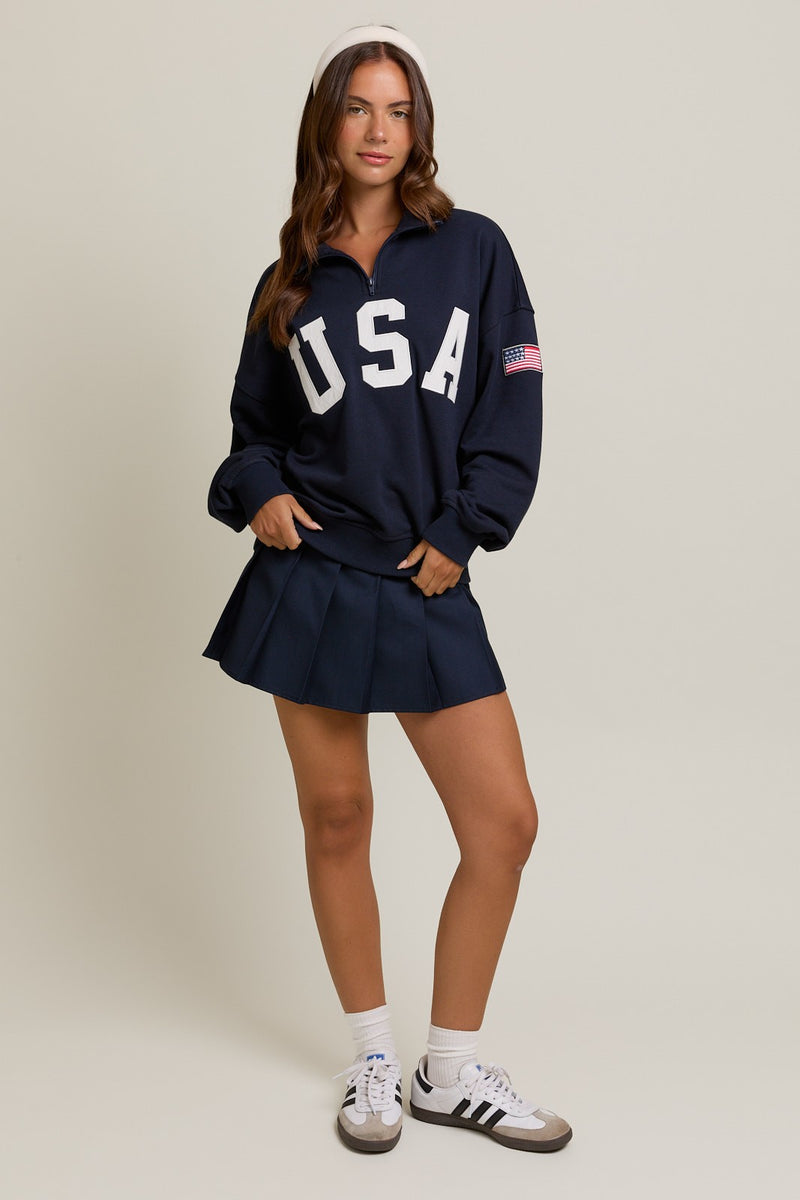 USA Navy Contrast Half Zip Oversized Sweatshirt