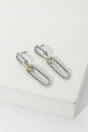 14k Gold Two Tone Twisted Oval Drop Earrings