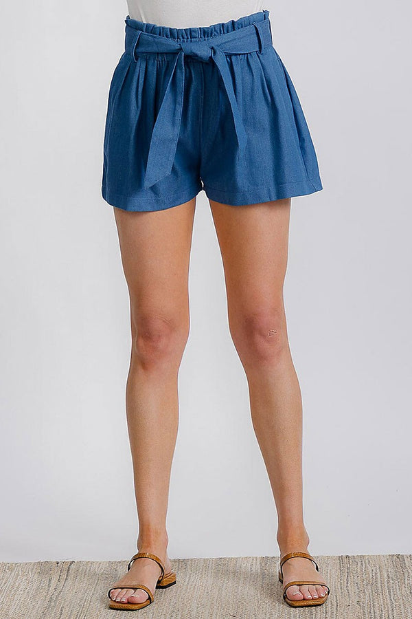 Elastic Waist Front Pockets Self Tie Denim Shorts