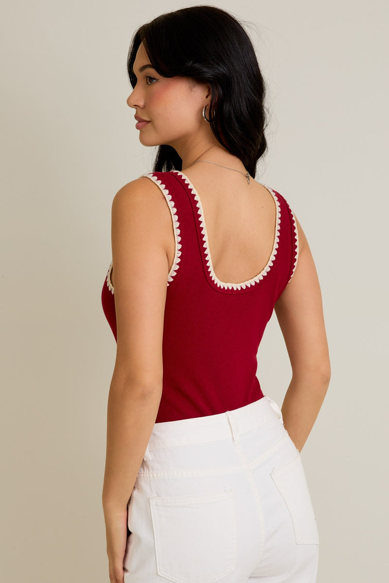 Le Lis Edge Crimson Embroidery Sleeveless Bodysuit