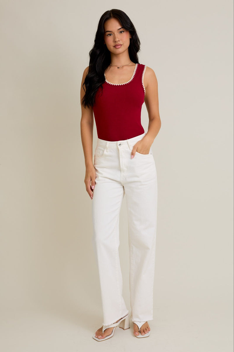 Le Lis Edge Crimson Embroidery Sleeveless Bodysuit