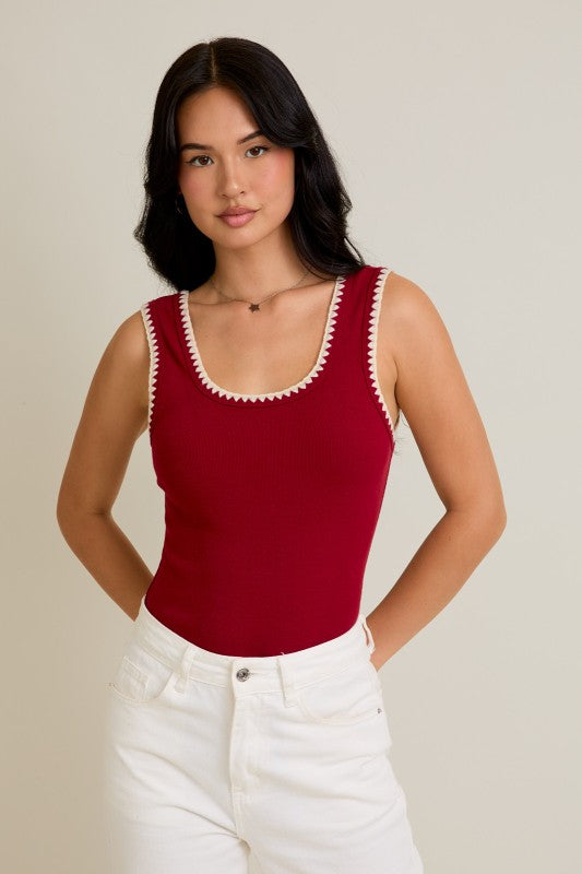 Le Lis Edge Crimson Embroidery Sleeveless Bodysuit