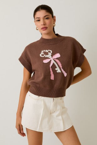 Brown Mock Neck Wide Shoulder Key Graphic Sweater