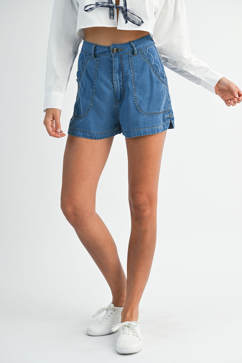 Mable Gone Country Scallop Detail Denim Shorts