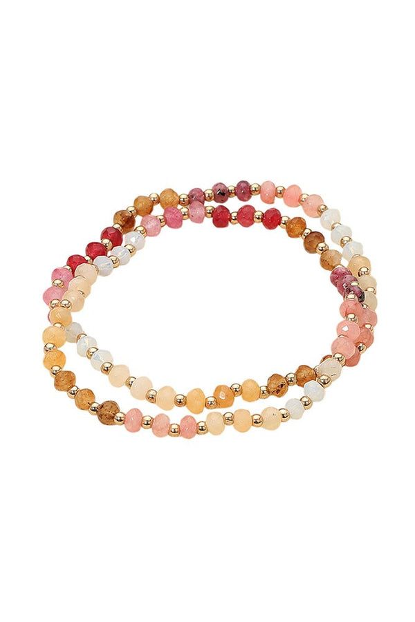 2 Gold And Pink Faceted Beaded Stretch Layered Bracelets