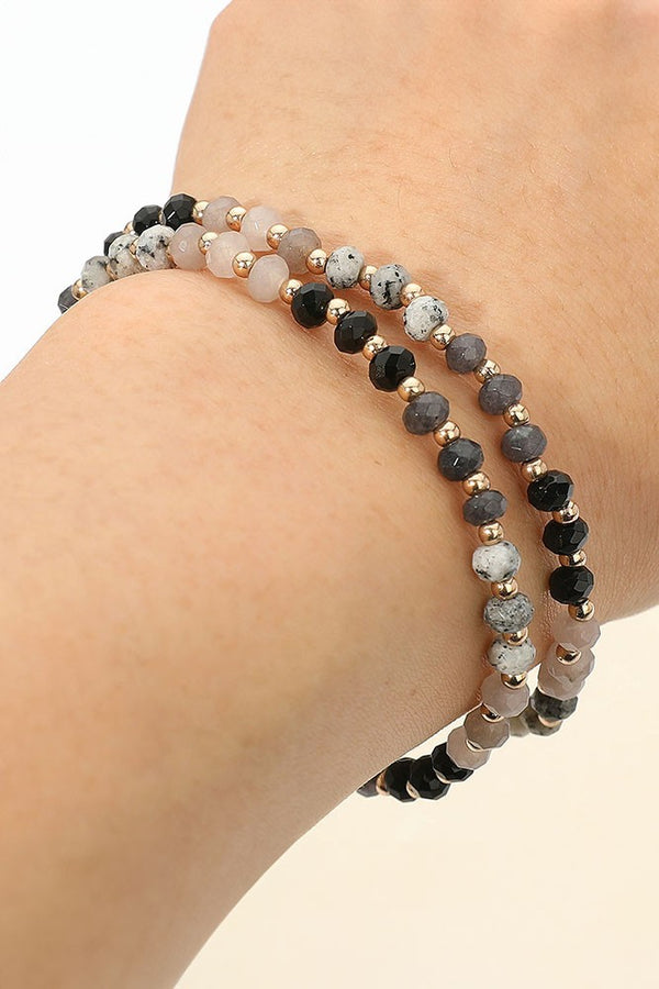 2 Gold And Gray Faceted Beaded Stretch Layered Bracelets