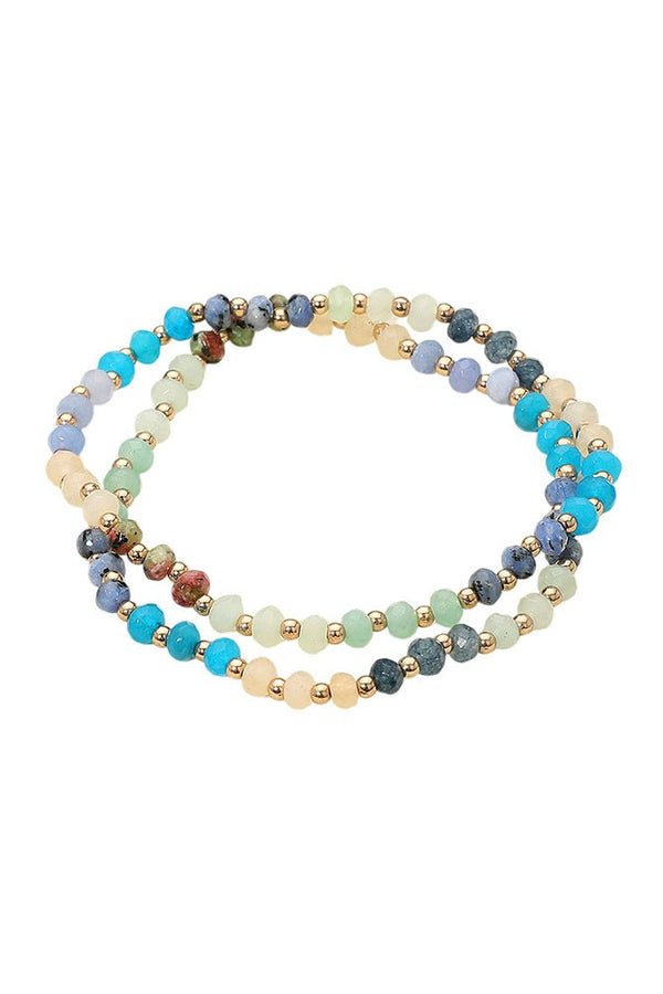 2 Gold And Turquoise Faceted Beaded Stretch Layered Bracelets
