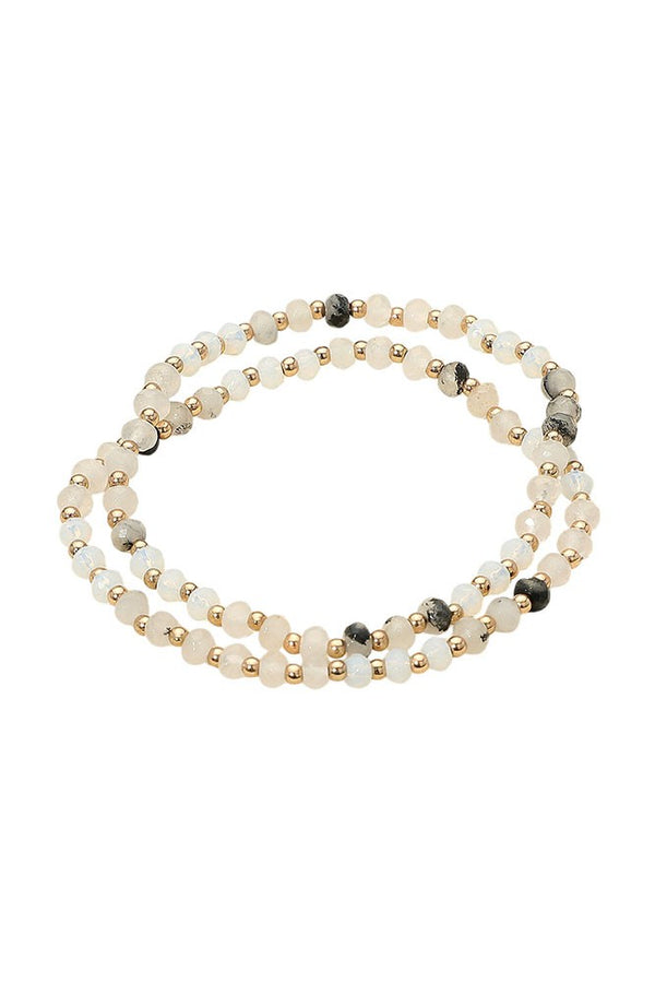 2 Gold And White Faceted Beaded Stretch Layered Bracelets
