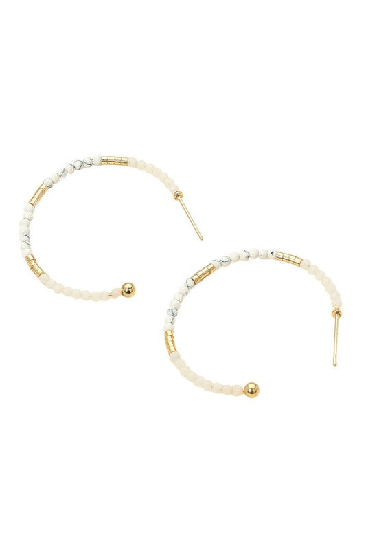 Faceted White Beaded Hoop Earrings