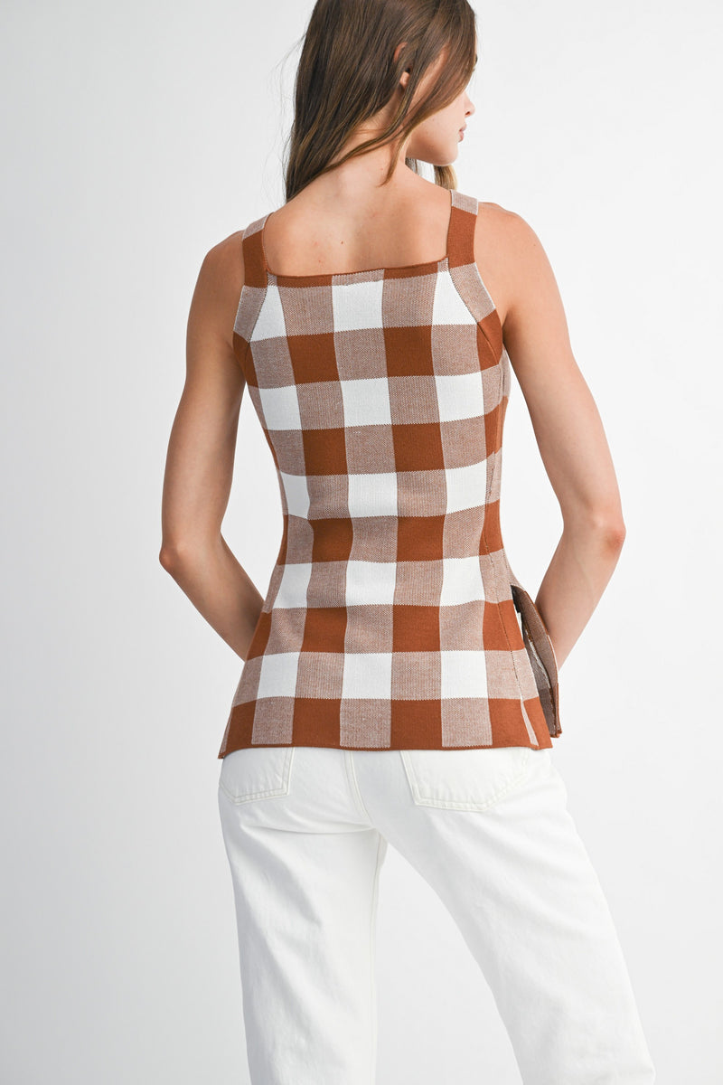 Mable Brown Gingham Plaid Knit Top