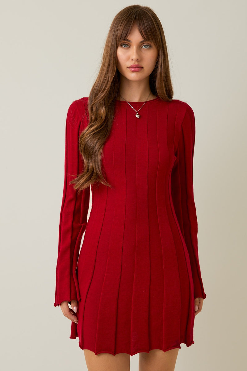 Le Lis Crimson Long Sleeve Flare Ribbed Sweater Mini Dress